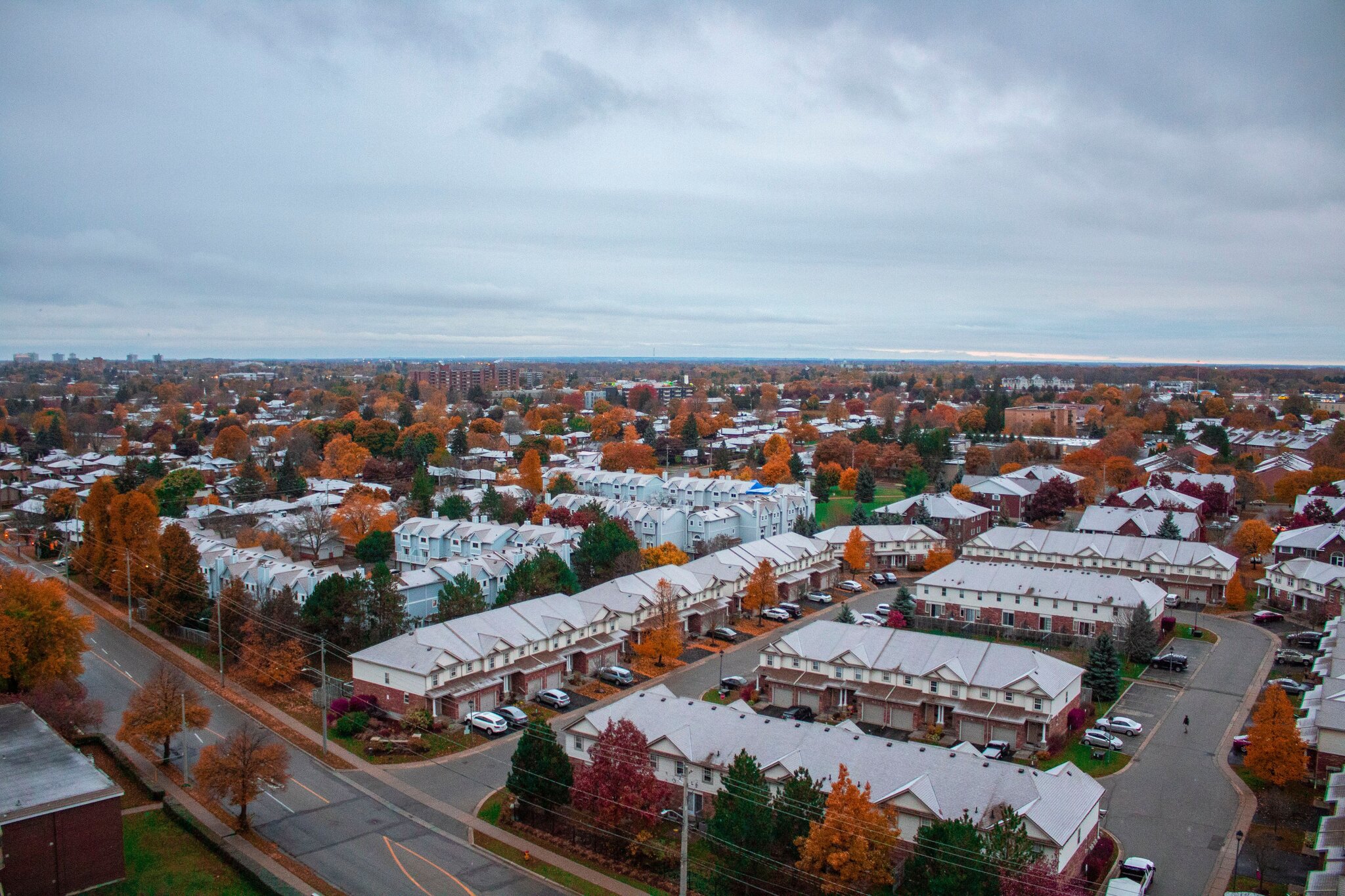 Autumn aerial view of a Kitchener residential neighbourhood