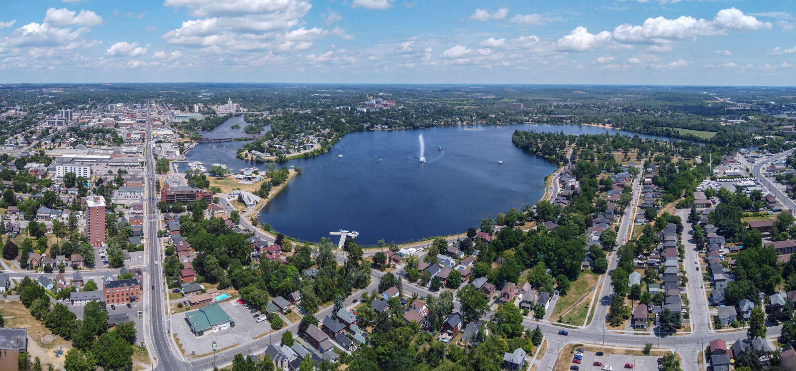 Aerial view of downtown Peterborough and the Otonabee River, 2025