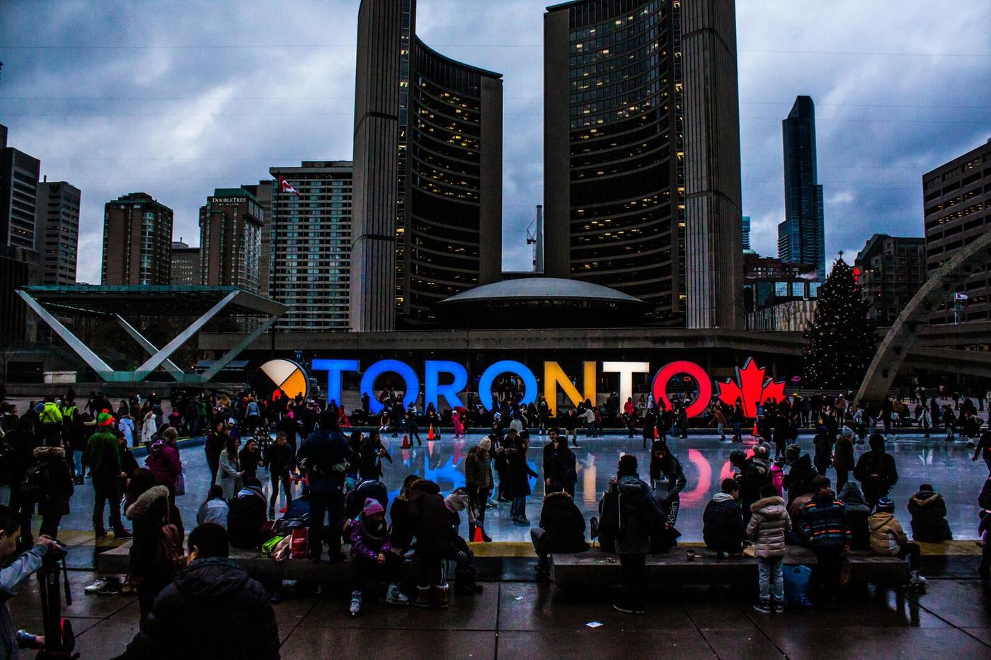 Toronto skyline and waterfront at dusk